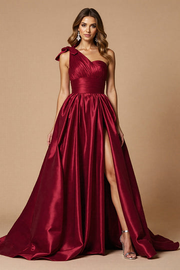 One Shoulder Burgundy A Line Long Prom Dress With Slit